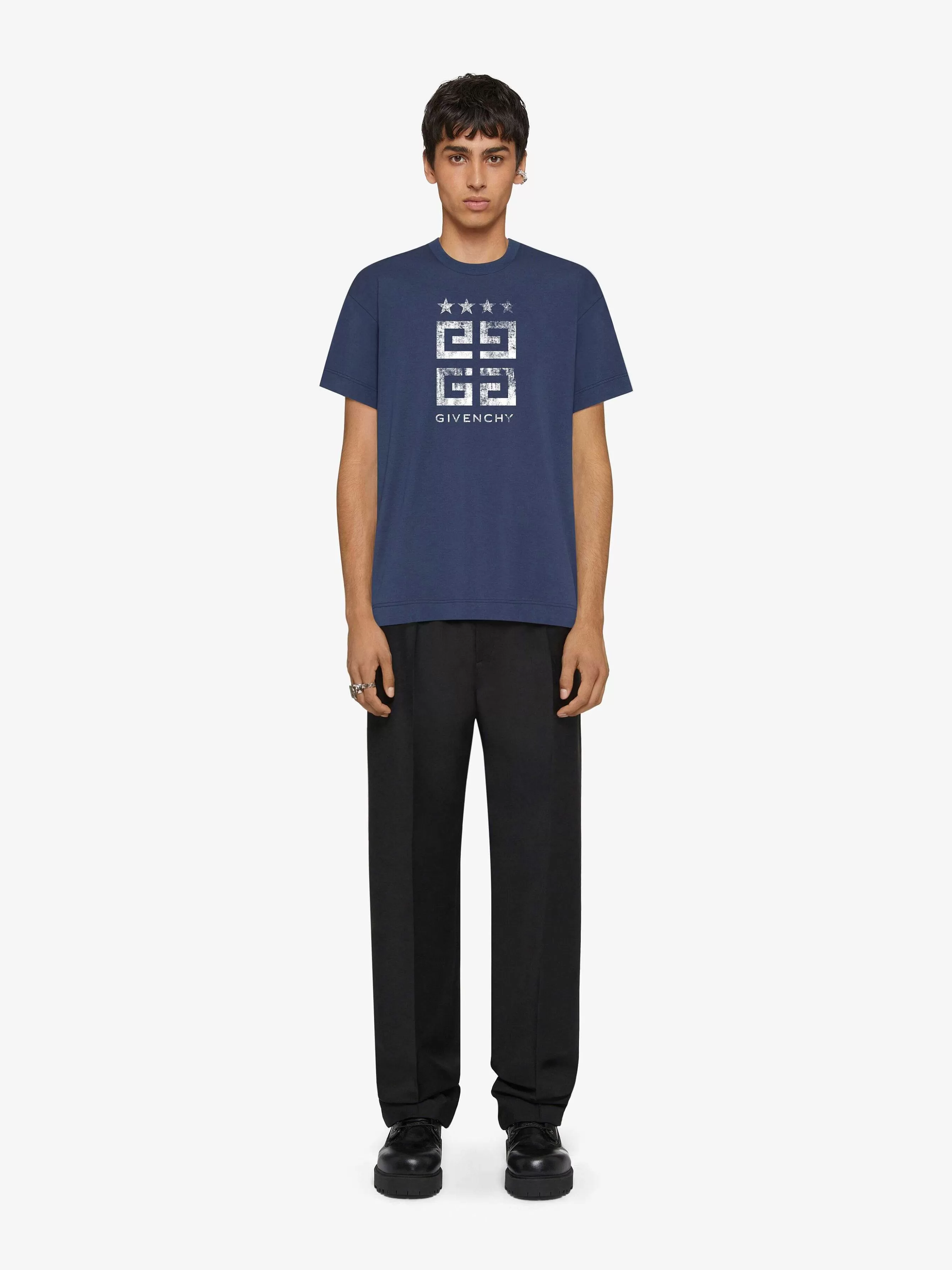 Givenchy T-Shirts>4G Stars - T-Shirt Ajuste En Coton Bleu Profond