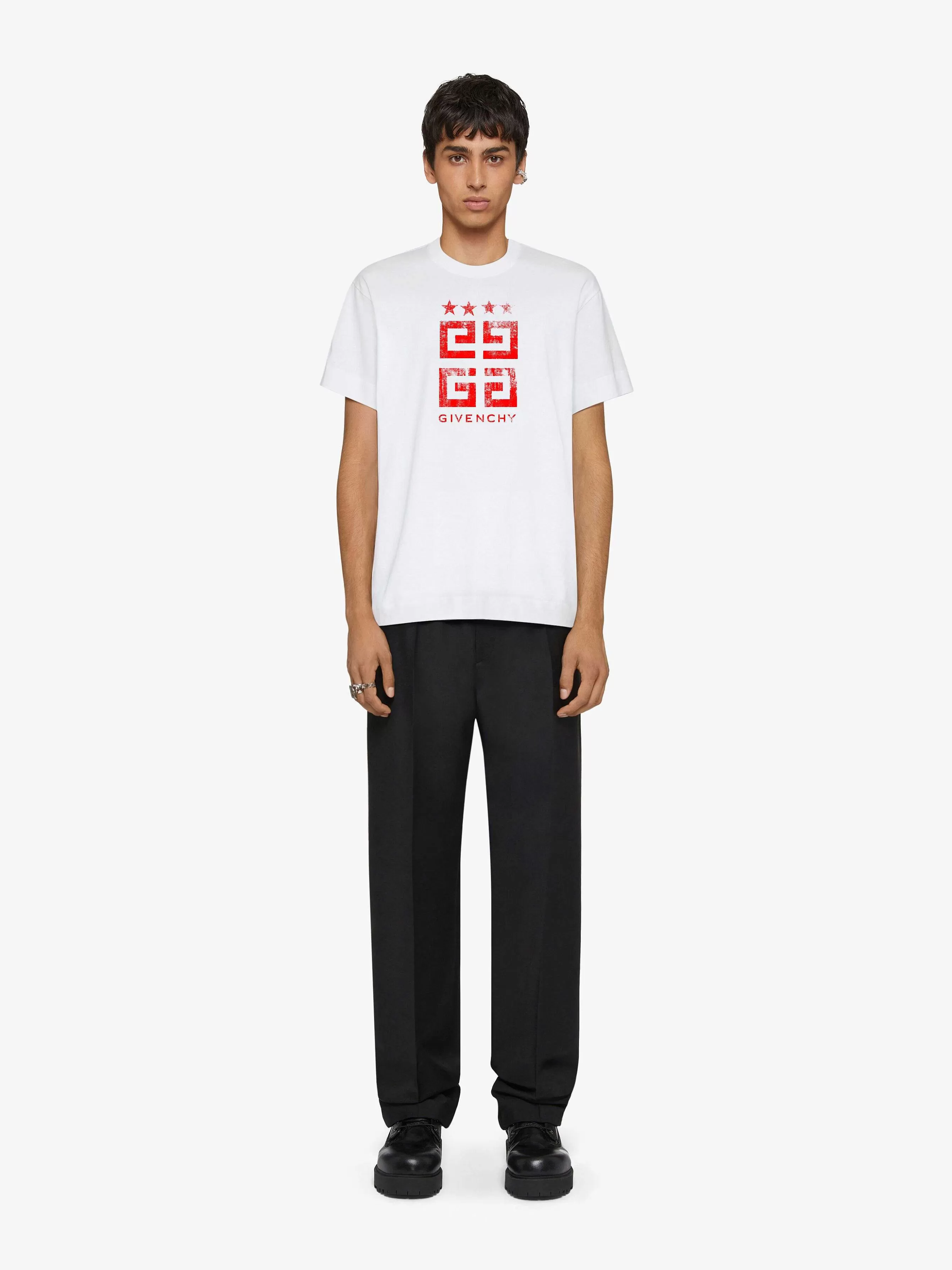 Givenchy T-Shirts>4G Stars - T-Shirt Ajuste En Coton Blanc Rouge