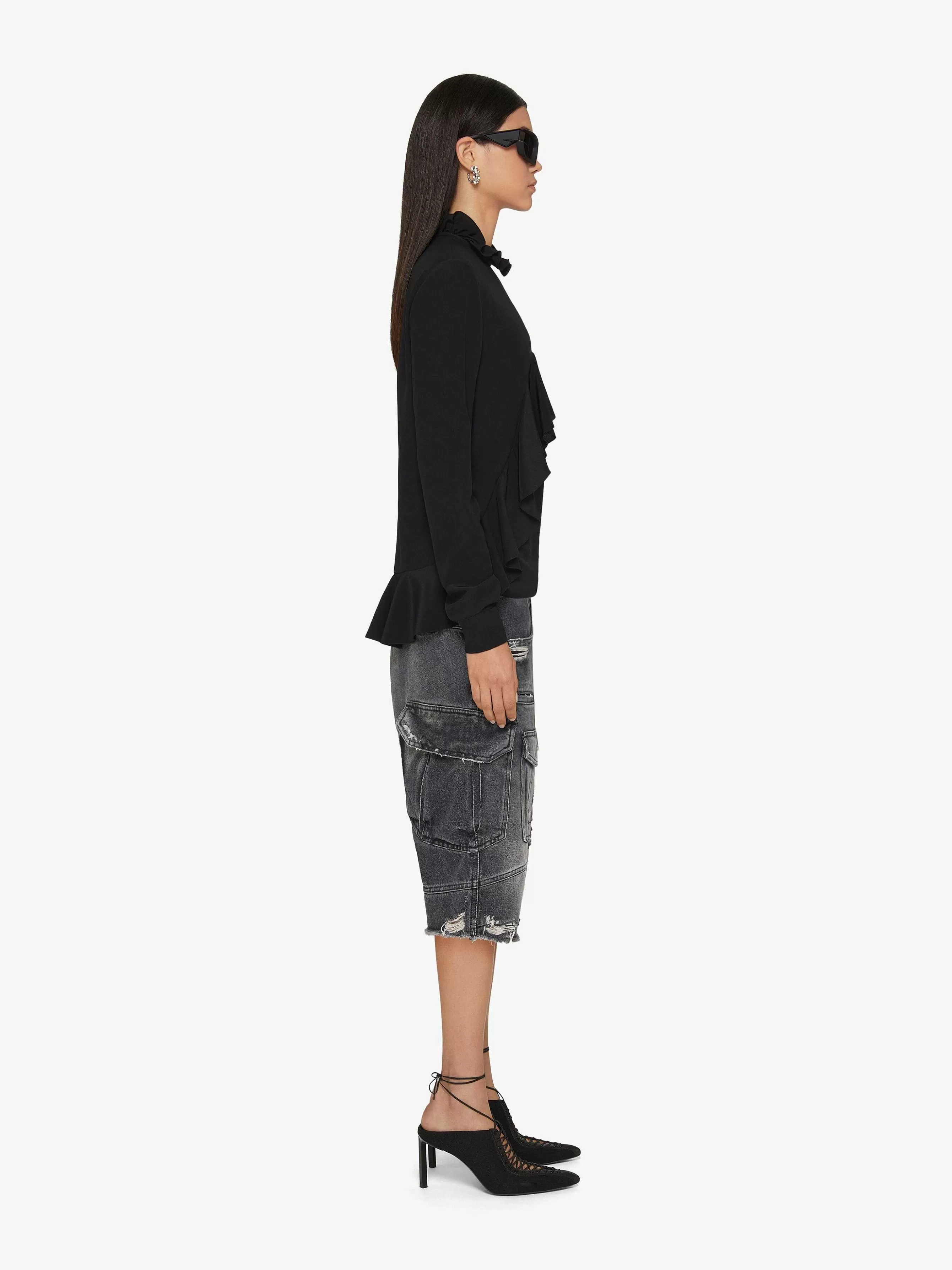 Givenchy Hauts Et Chemises>Blouse En Crepe De Chine A Volants Noir