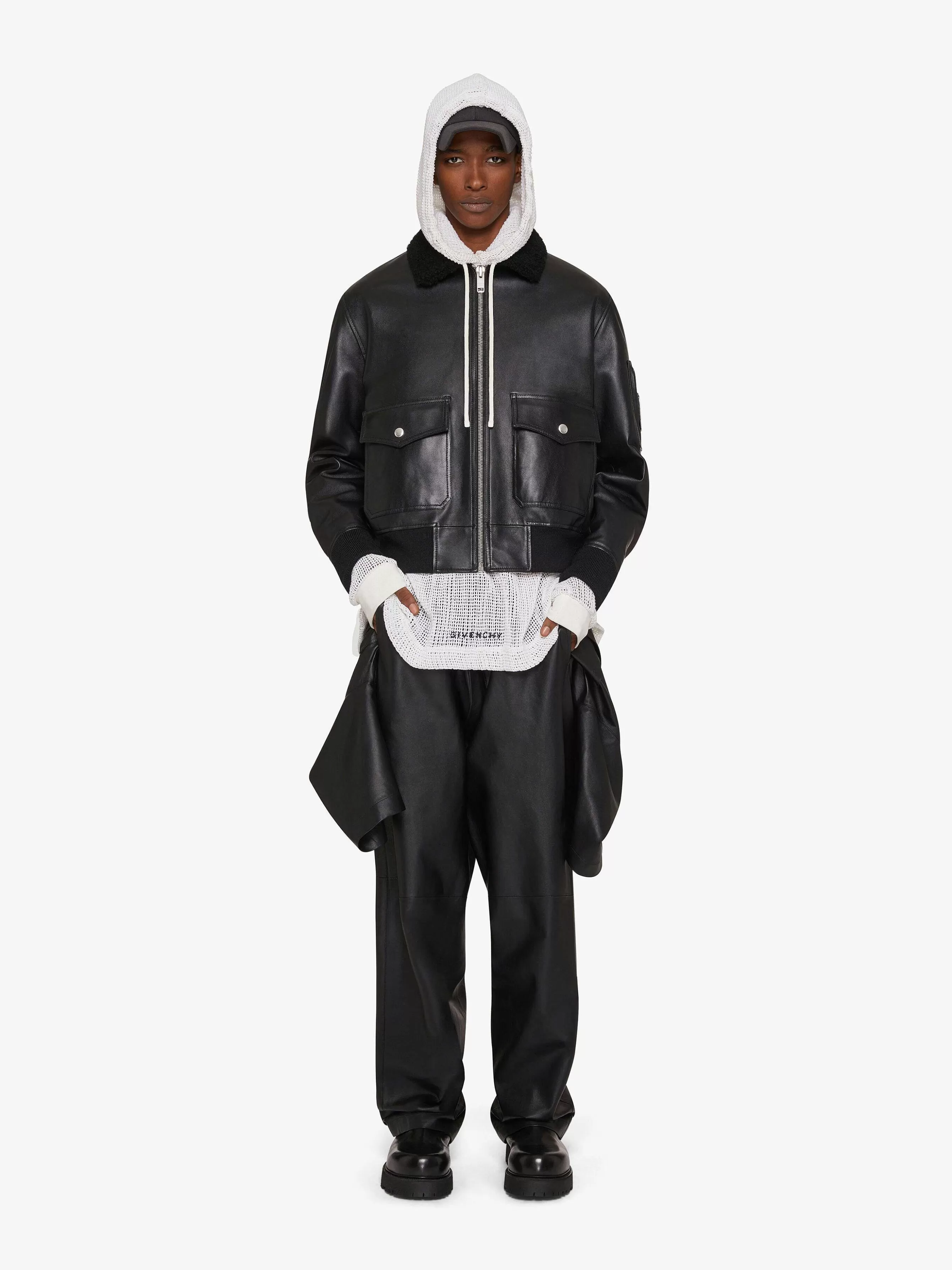 Givenchy Vetements D'Exterieur Et Blousons>Blouson Aviateur En Cuir Et Peau Lainee Avec Poche Noir