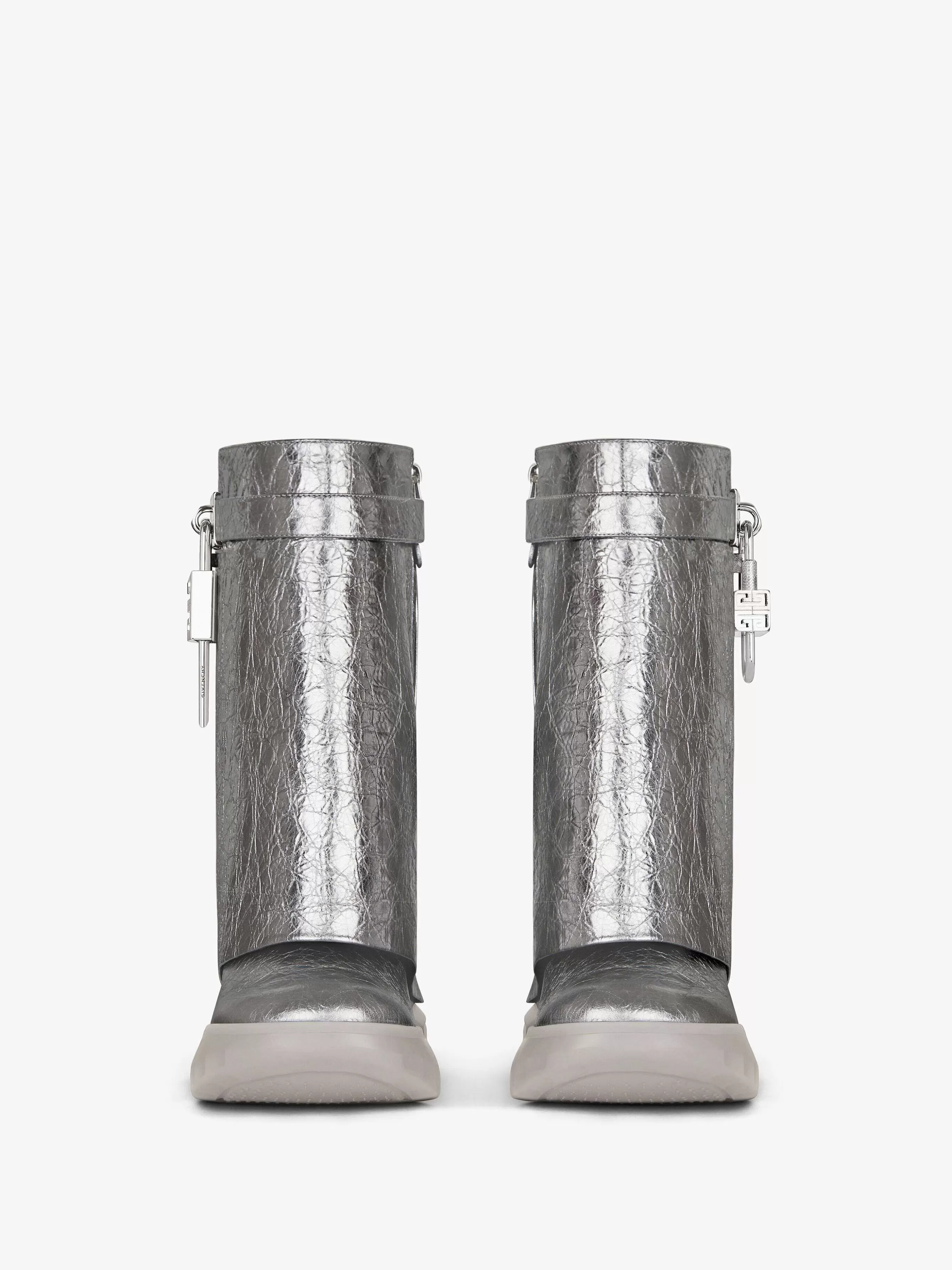 Givenchy Bottes Et Bottines>Bottines Biker Shark Lock En Cuir Lamine Gris Argente