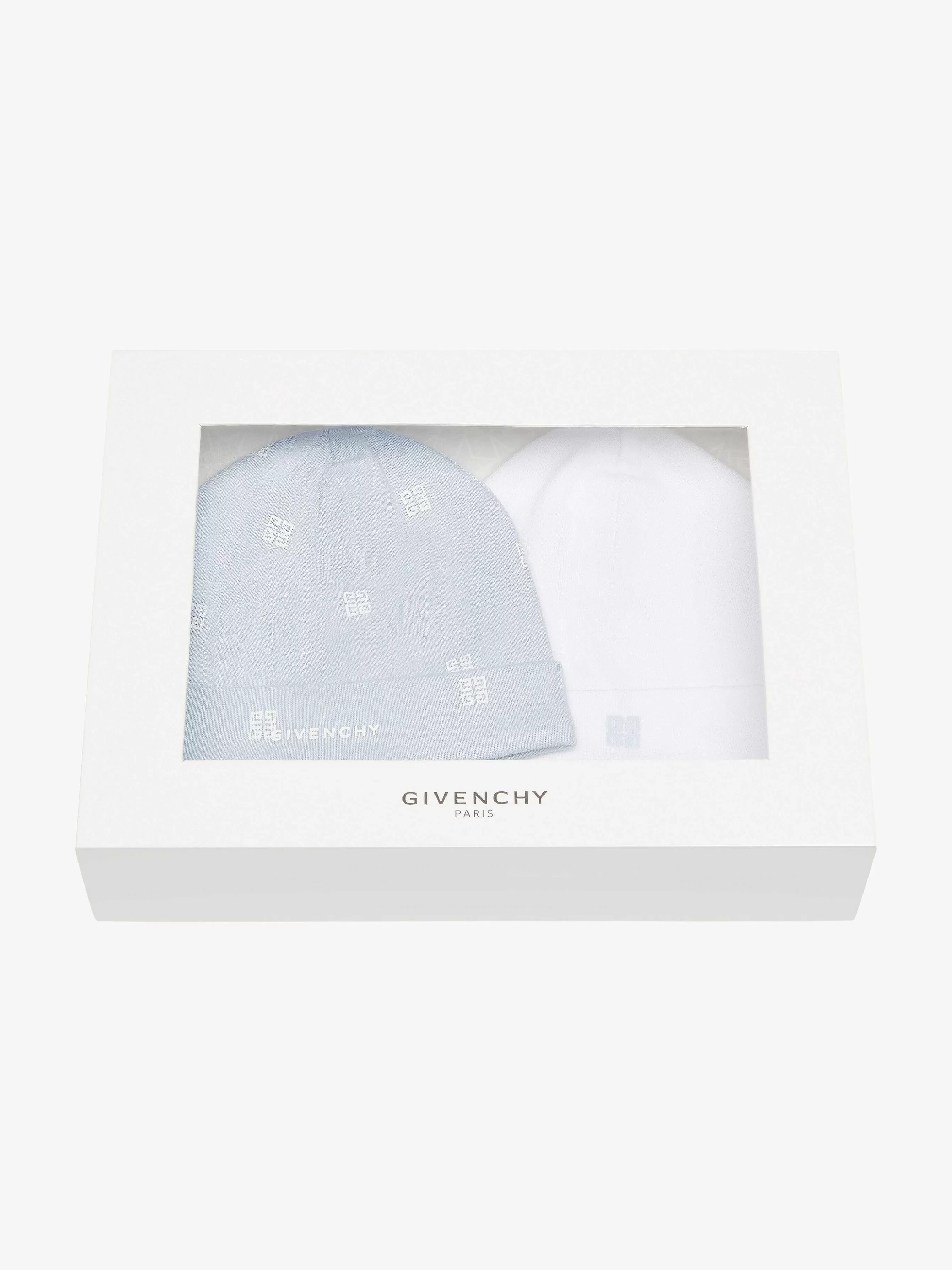 Givenchy Bébé (1 Mois À 3 Ans)>Coffret Cadeau Deux Bonnets En Tricot Blanc/Bleu Clair