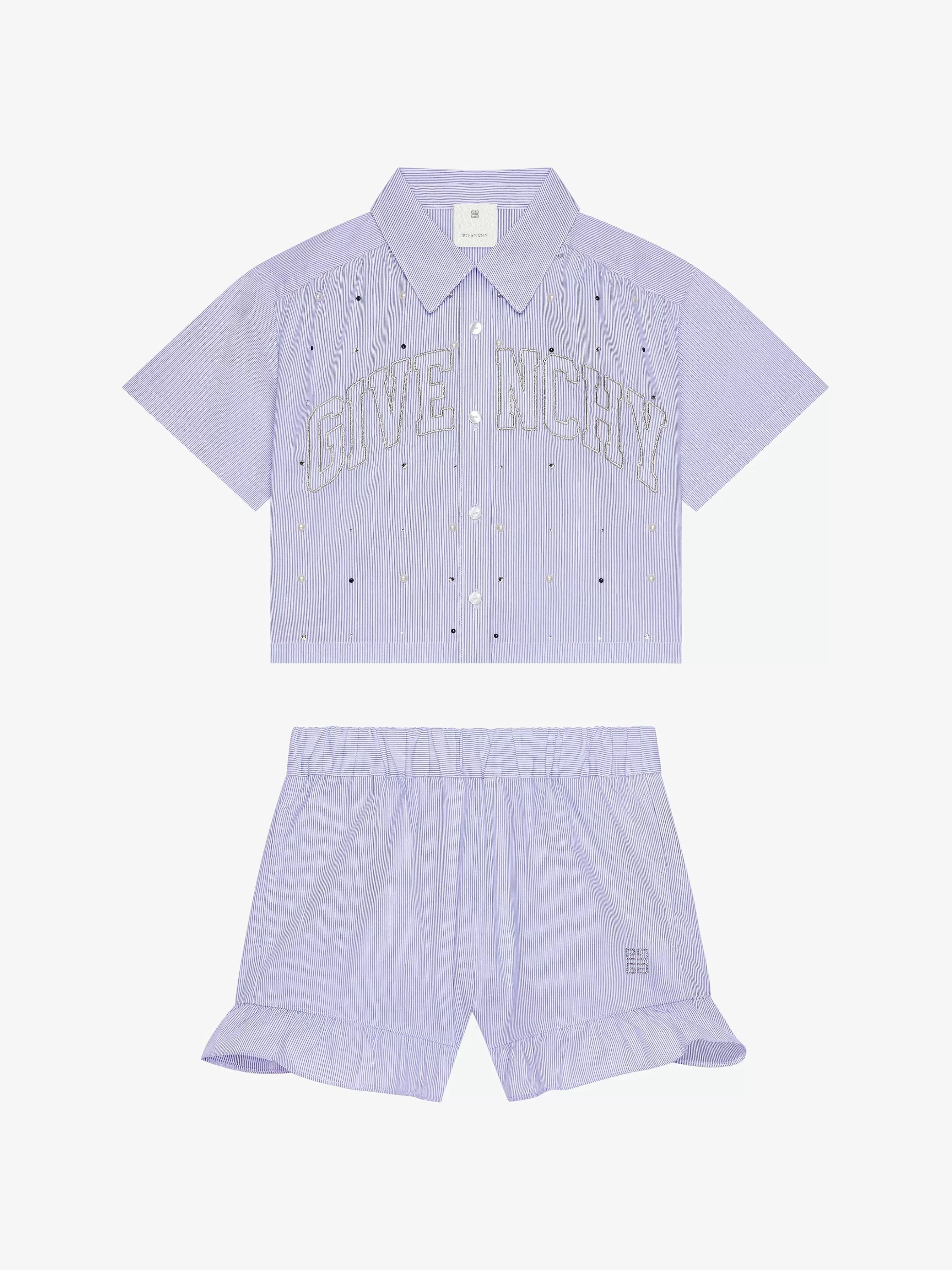 Givenchy Fille (4 À 12 Ans)> College - Ensemble Chemise Et Short A Rayures Blanc Bleu