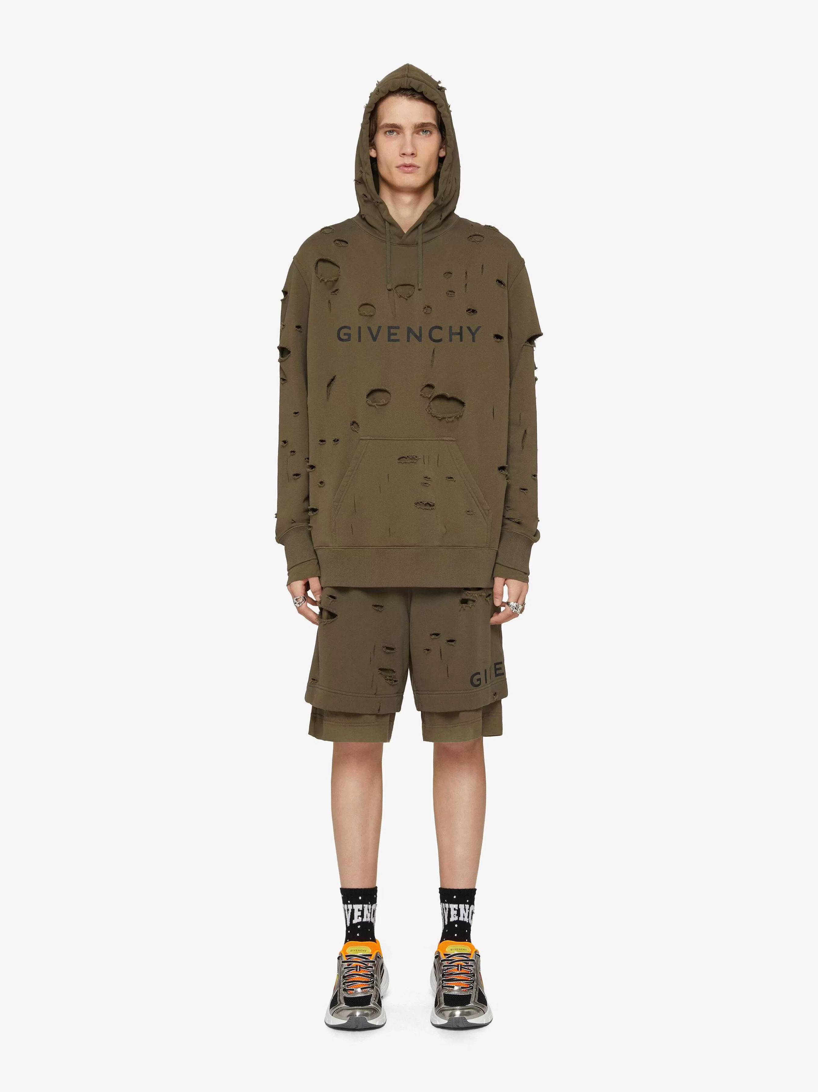 Givenchy Sweats Et Sweats A Capuche> Sweat A Capuche En Felpa A Effet Detruit Kaki