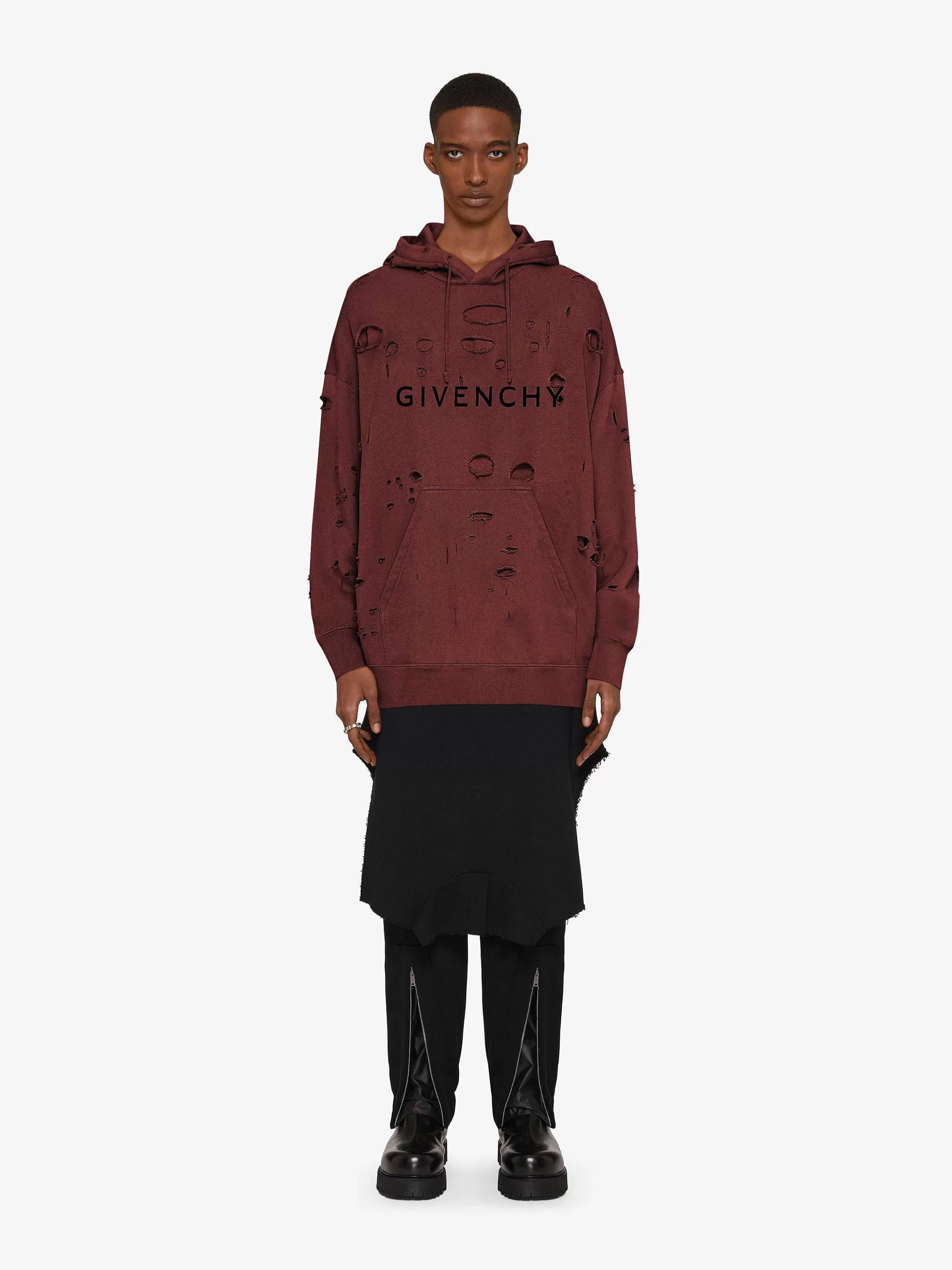 Givenchy Sweats Et Sweats A Capuche> Sweat A Capuche En Polaire Effet Use Rouge Fonce