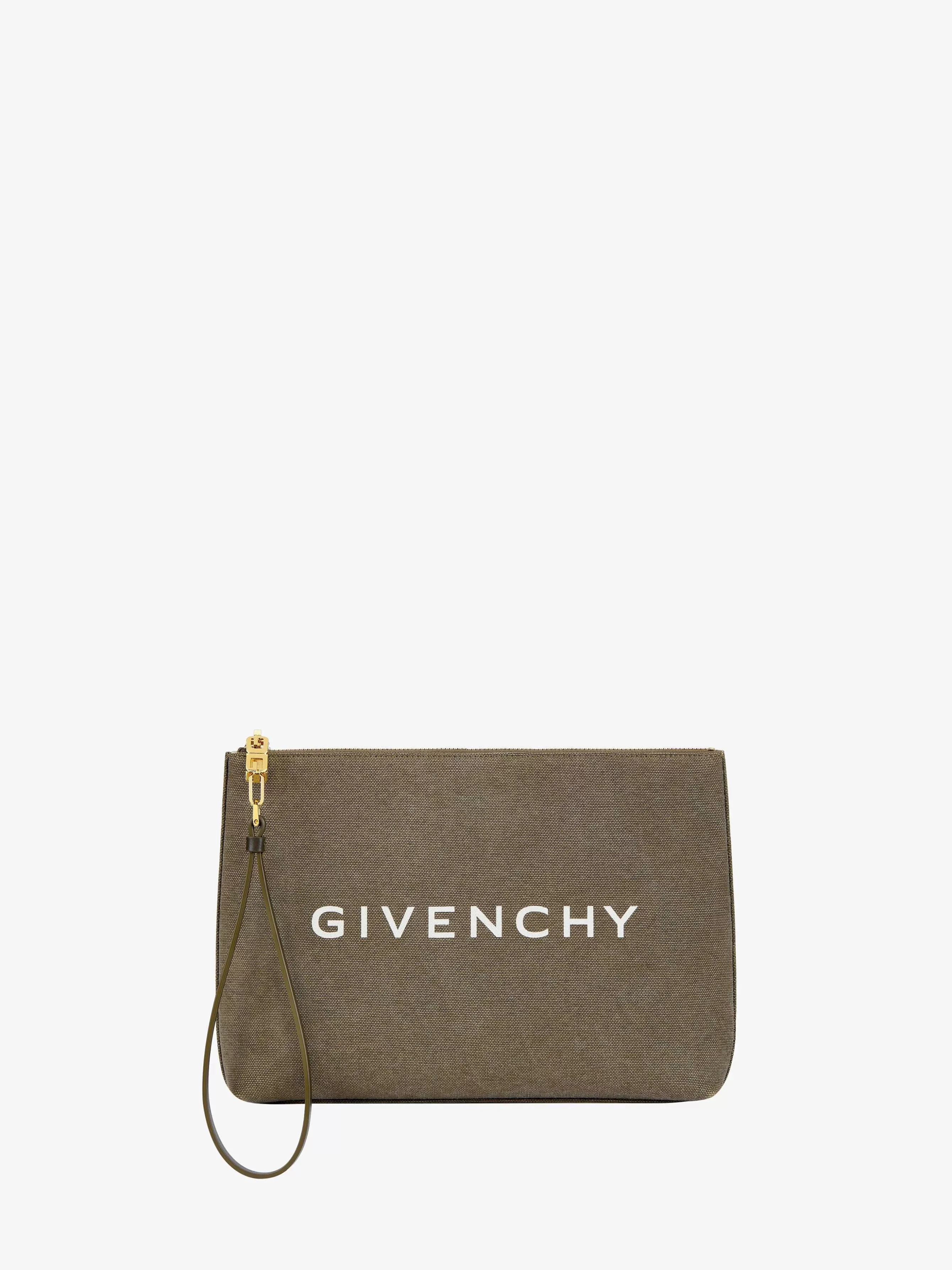 Givenchy Petite Maroquinerie>Grande Pochette En Toile Lavee Kaki Fonce