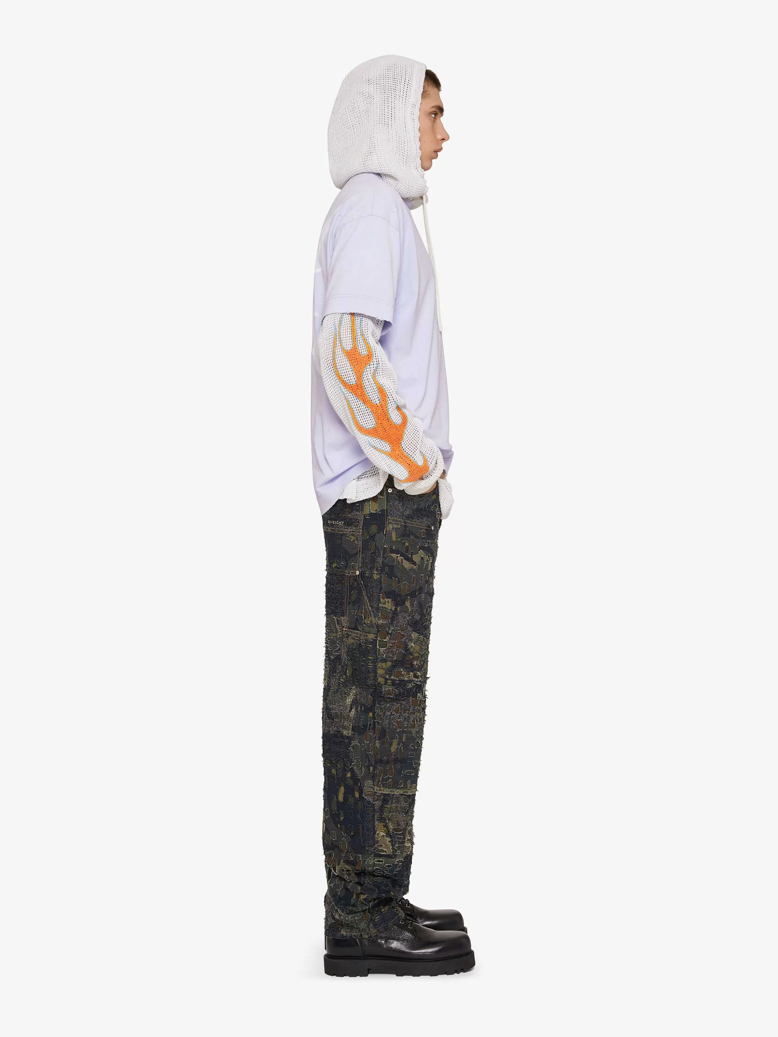 Givenchy Pantalon>Jean Carpenter Camo En Denim Destroye Effet Boro Marron/Kaki