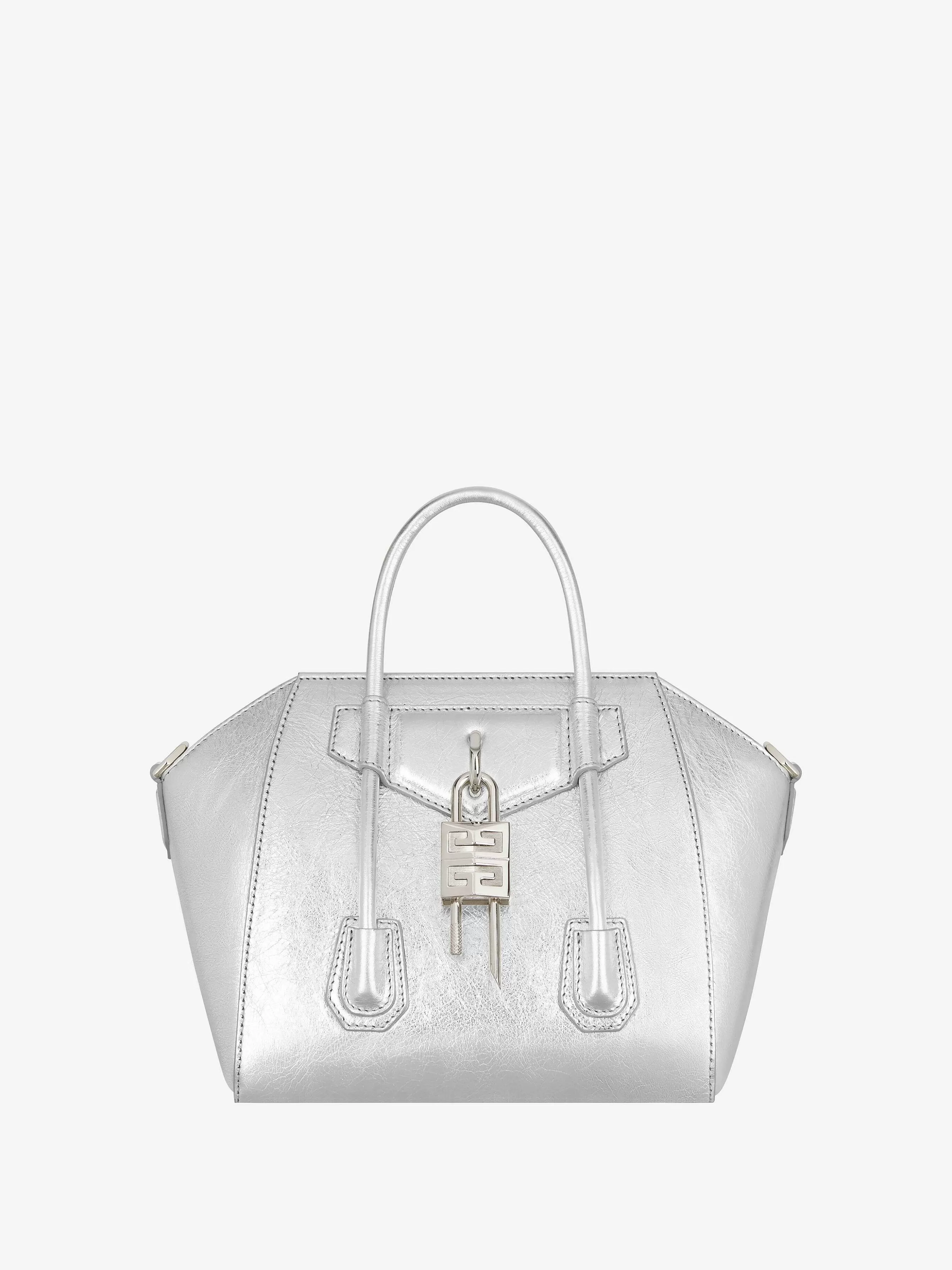 Givenchy Sacs Mini Et Micro>Mini Sac Antigona Lock En Cuir Metallise Gris Argente