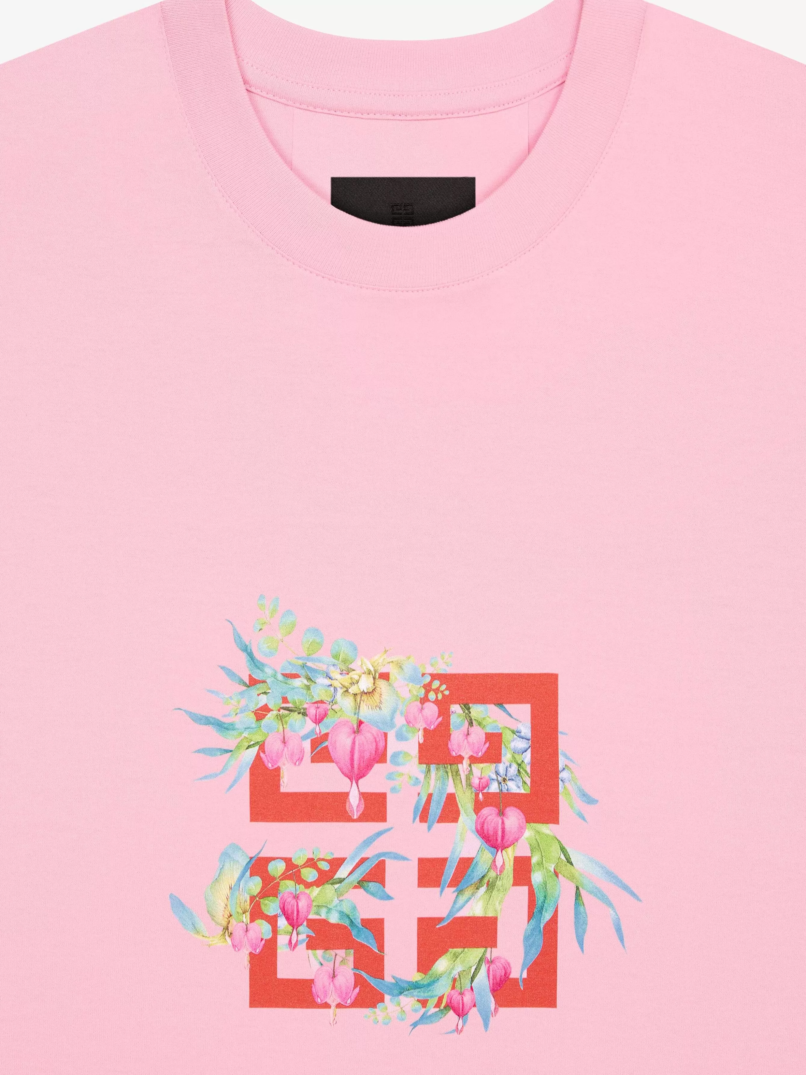 Givenchy T-Shirts>T-Shirt En Coton Avec Imprime Fleurs 4G Vieux Rose