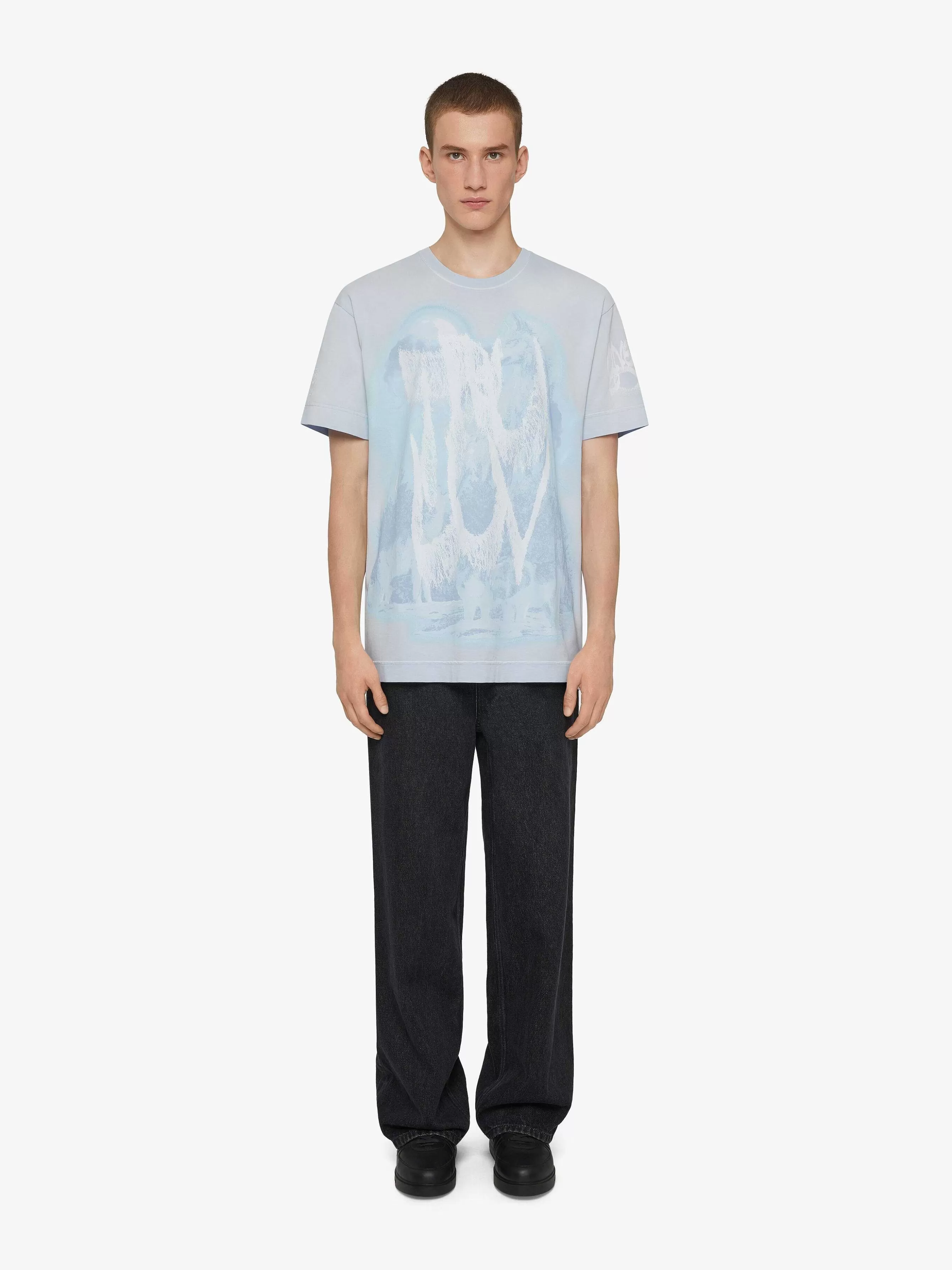 Givenchy T-Shirts>T-Shirt Oversize En Coton A Imprimes Blanc/Bleu Clair