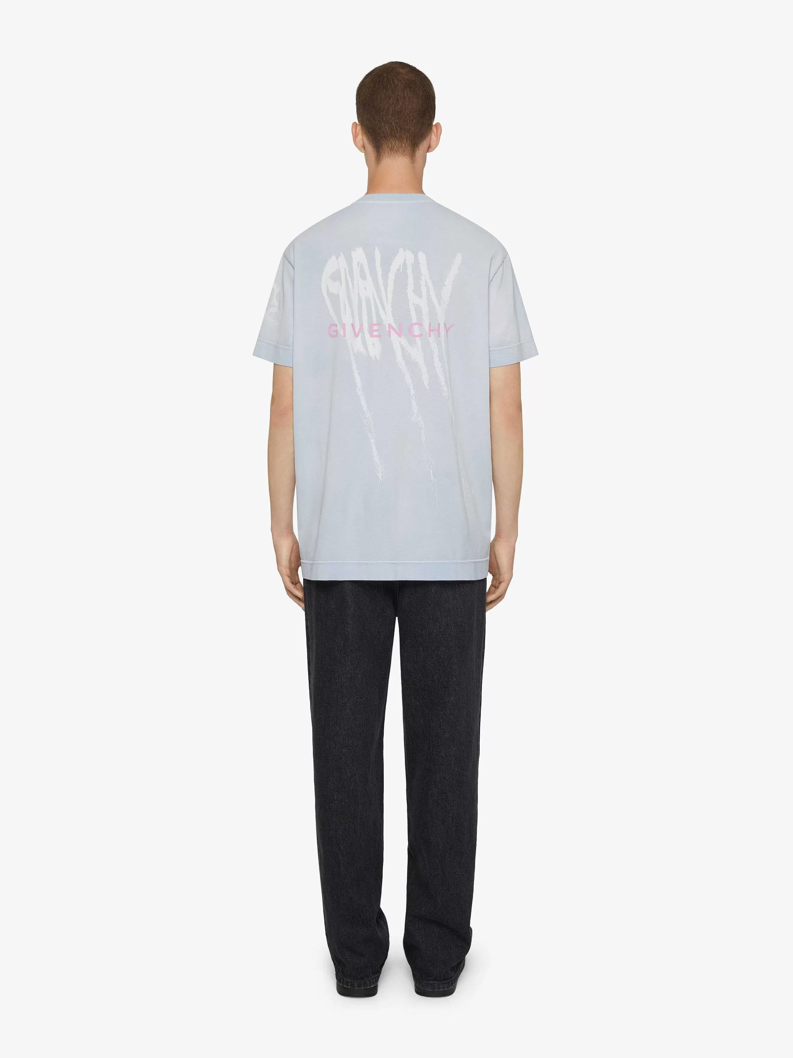 Givenchy T-Shirts>T-Shirt Oversize En Coton A Imprimes Blanc/Bleu Clair