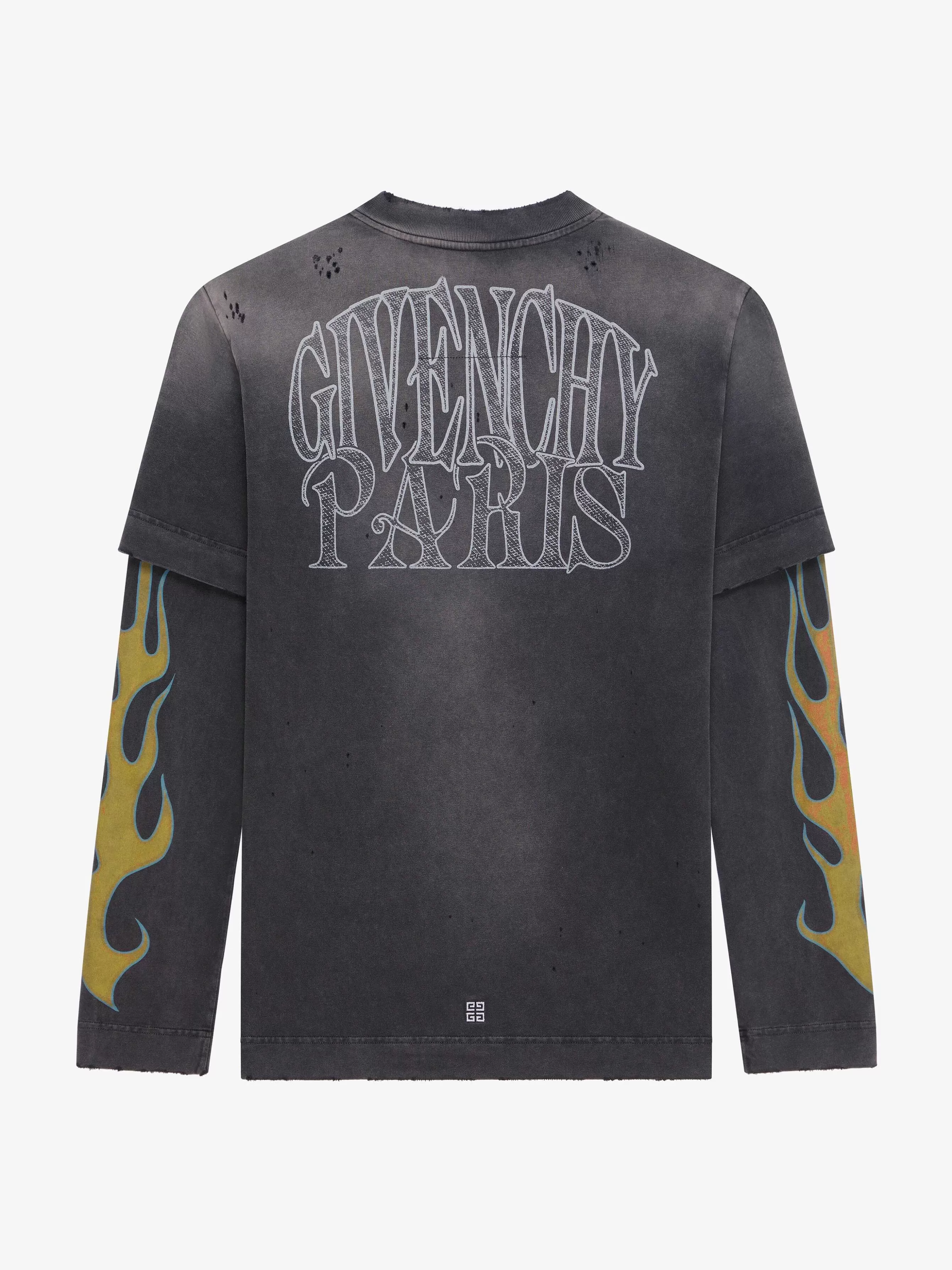 Givenchy T-Shirts>T-Shirt Superpose En Coton A Imprime Flammes Noir