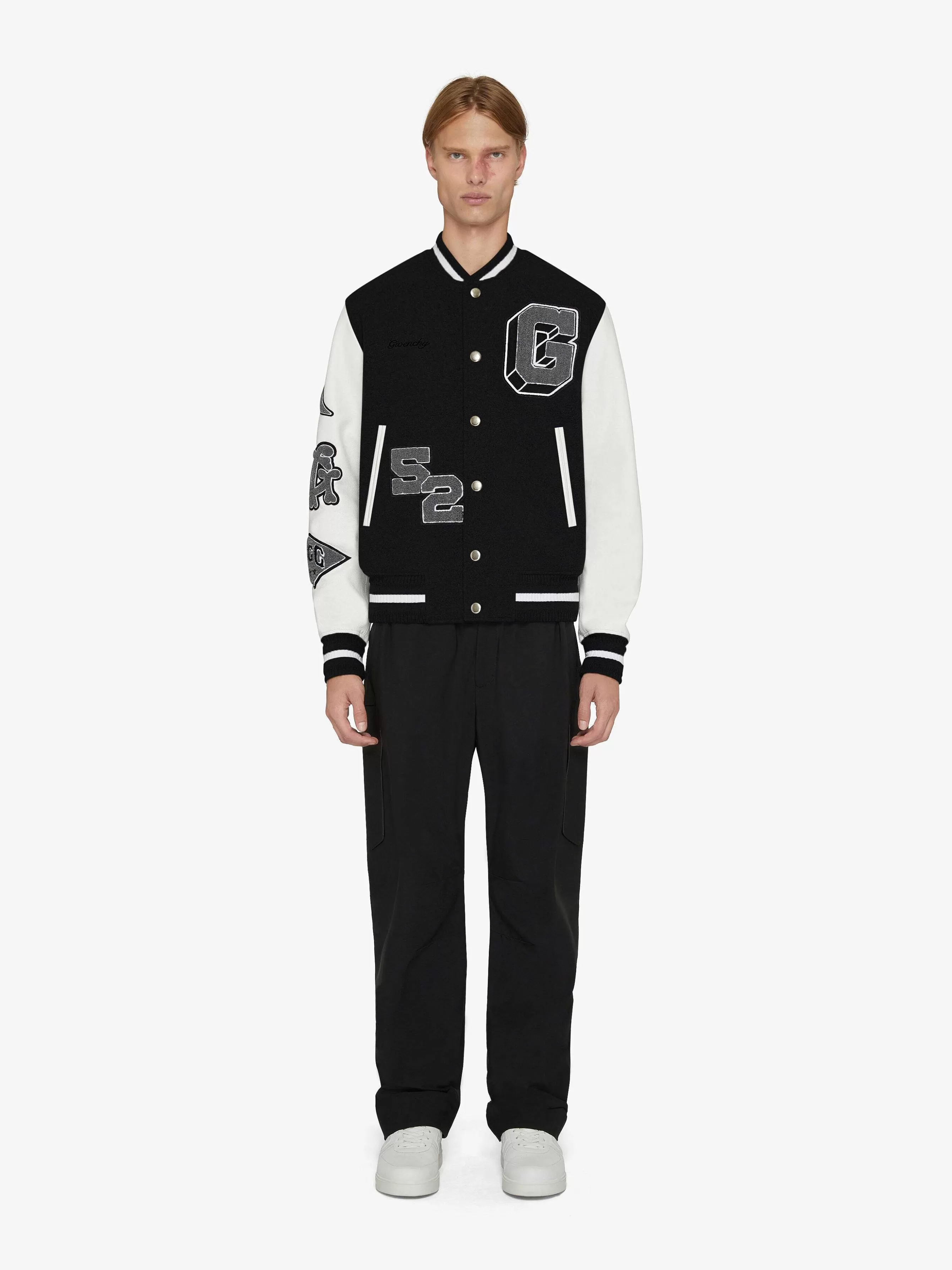 Givenchy Vetements D'Exterieur Et Blousons>Veste Varsity En Laine Et Cuir Brodes Noir Blanc